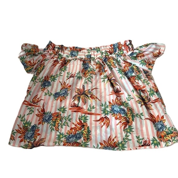 entro Tops - Entro Floral Off-Shoulder Top Small Floral Pink Striped Tropical Beach Blouse